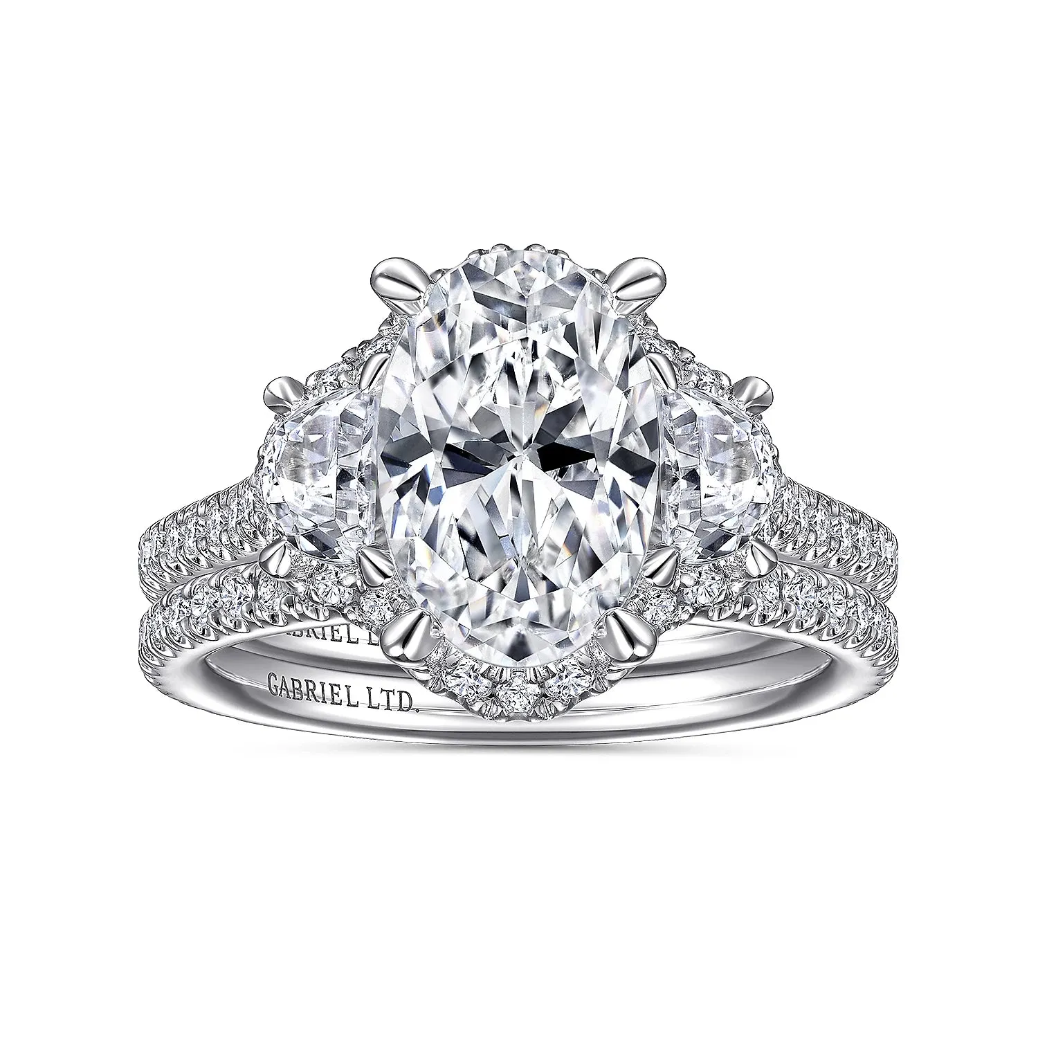 Oval Three Stone Halo Diamond Engagement Ring Mounting