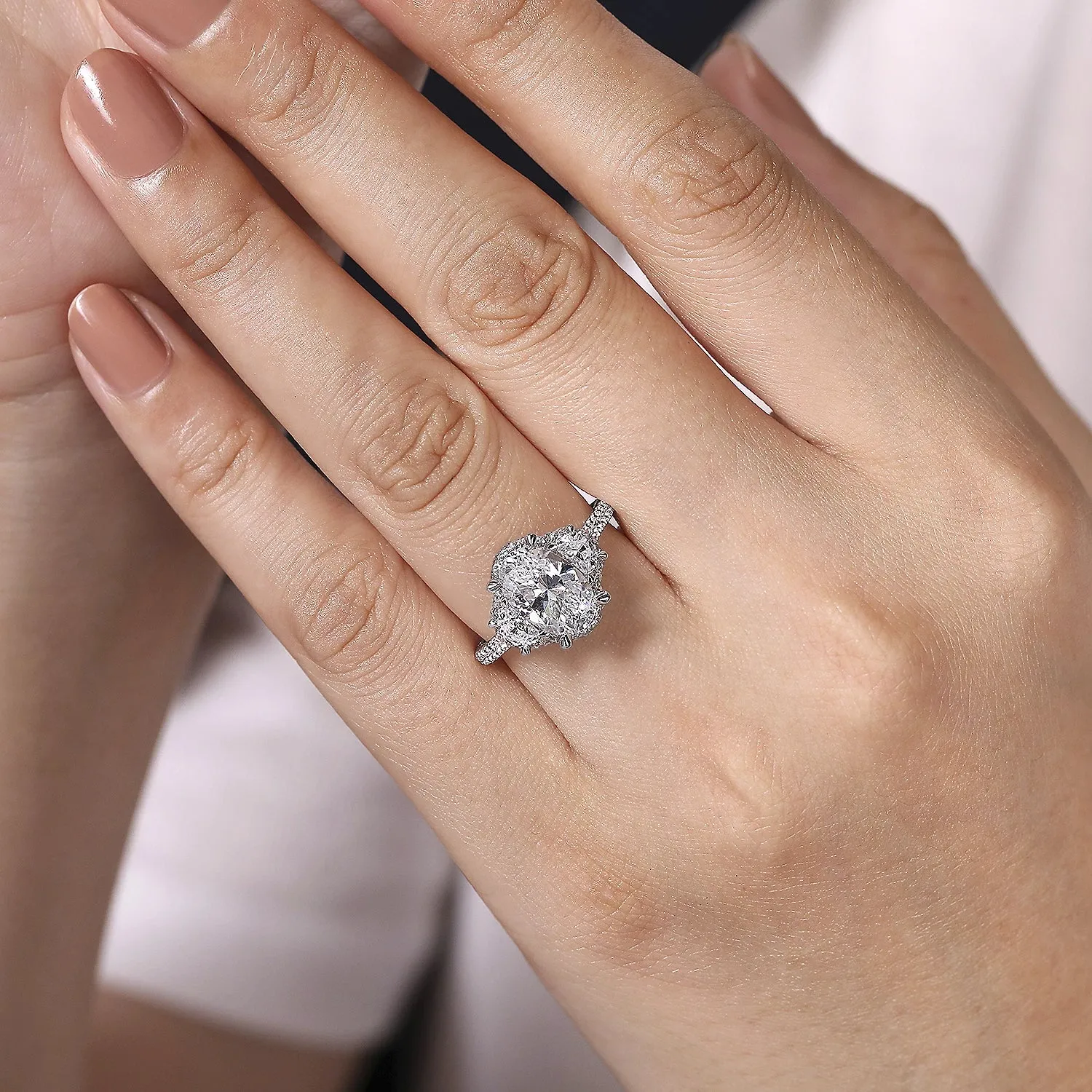 Oval Three Stone Halo Diamond Engagement Ring Mounting