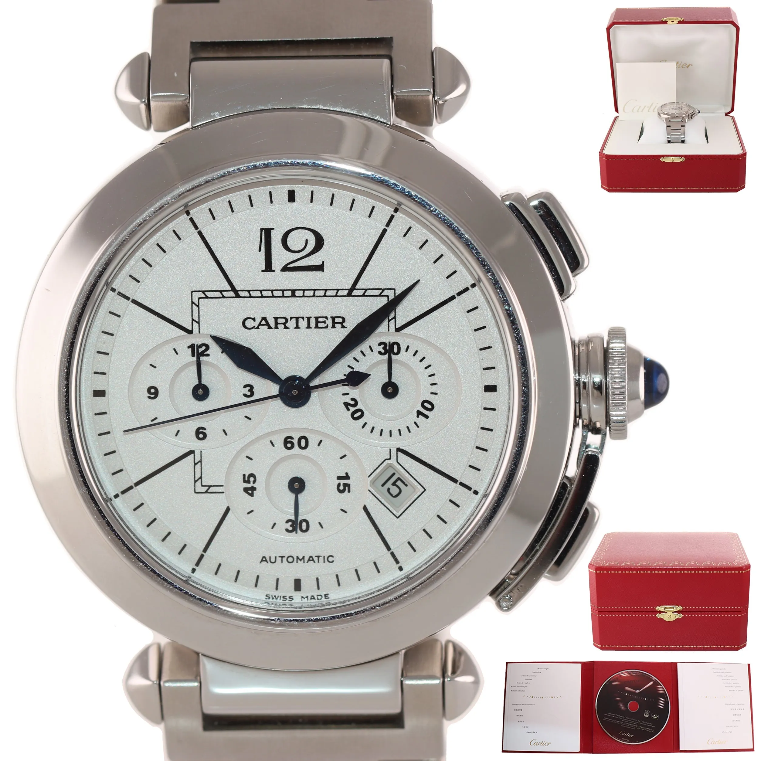 PAPERS Cartier Pasha W31085M7 Chronograph Steel 2860 Silver Date 42mm Watch Box