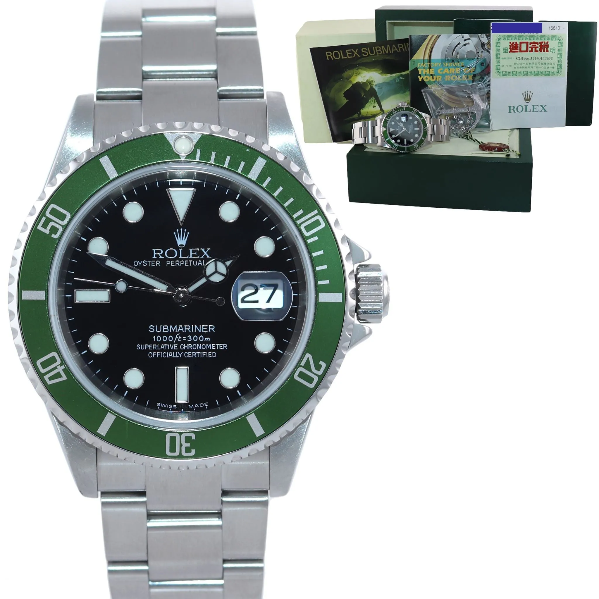 PAPERS Rolex Submariner Green Kermit 50th Anniversary FLAT 4 16610LV Watch Box