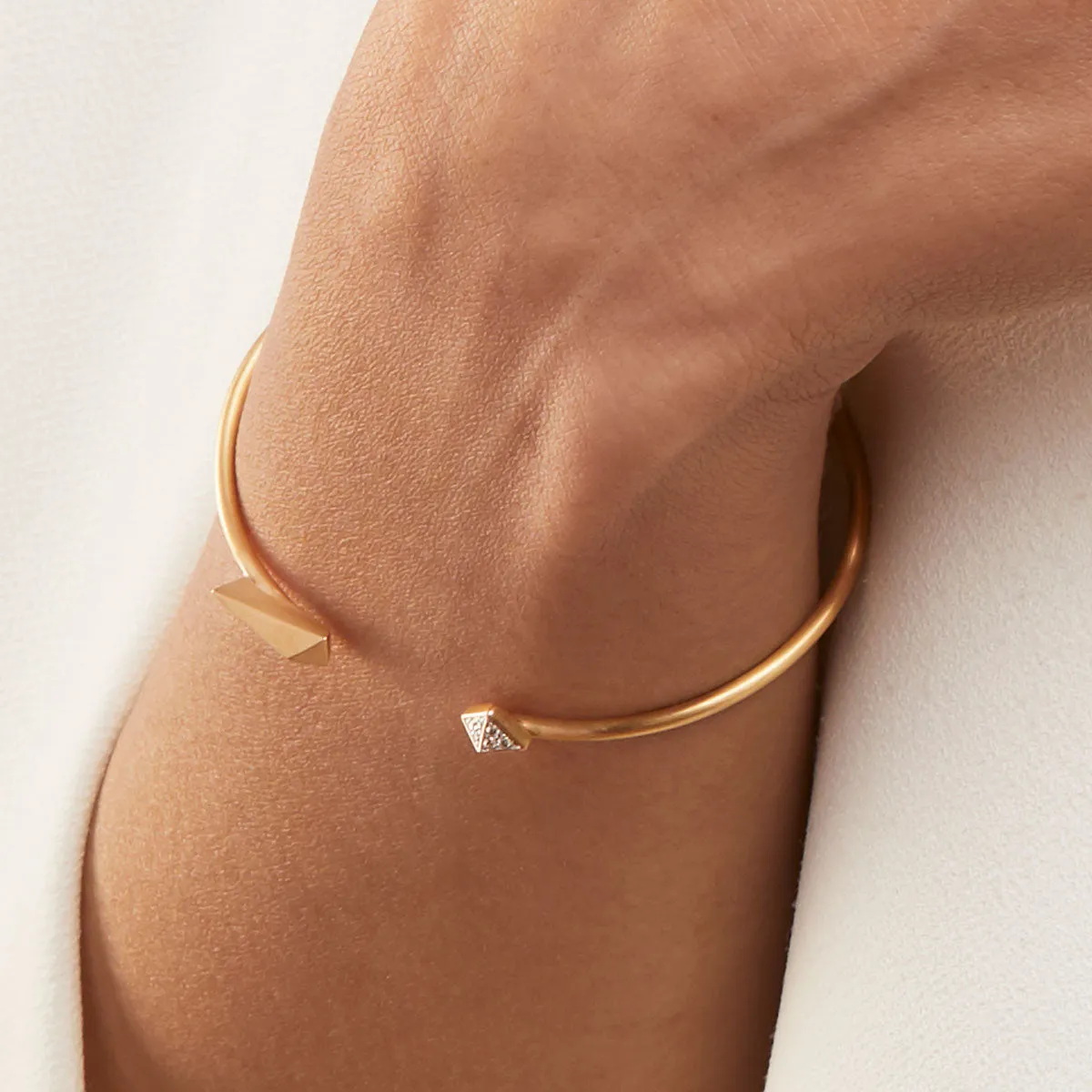 Pavéd pyramid and Folded Plane open cuff bangle