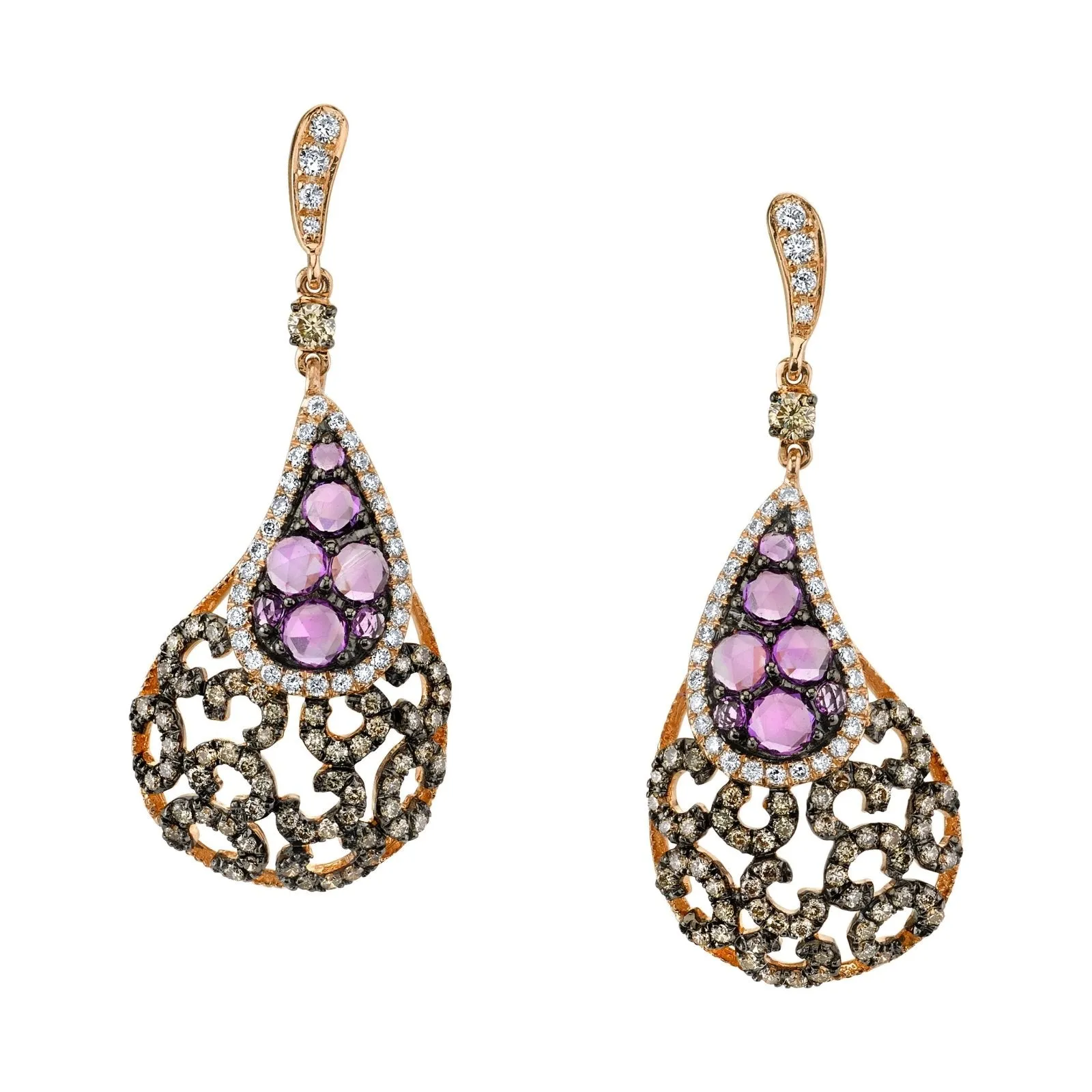 Peacock Amethyst and Champagne Diamond Earrings