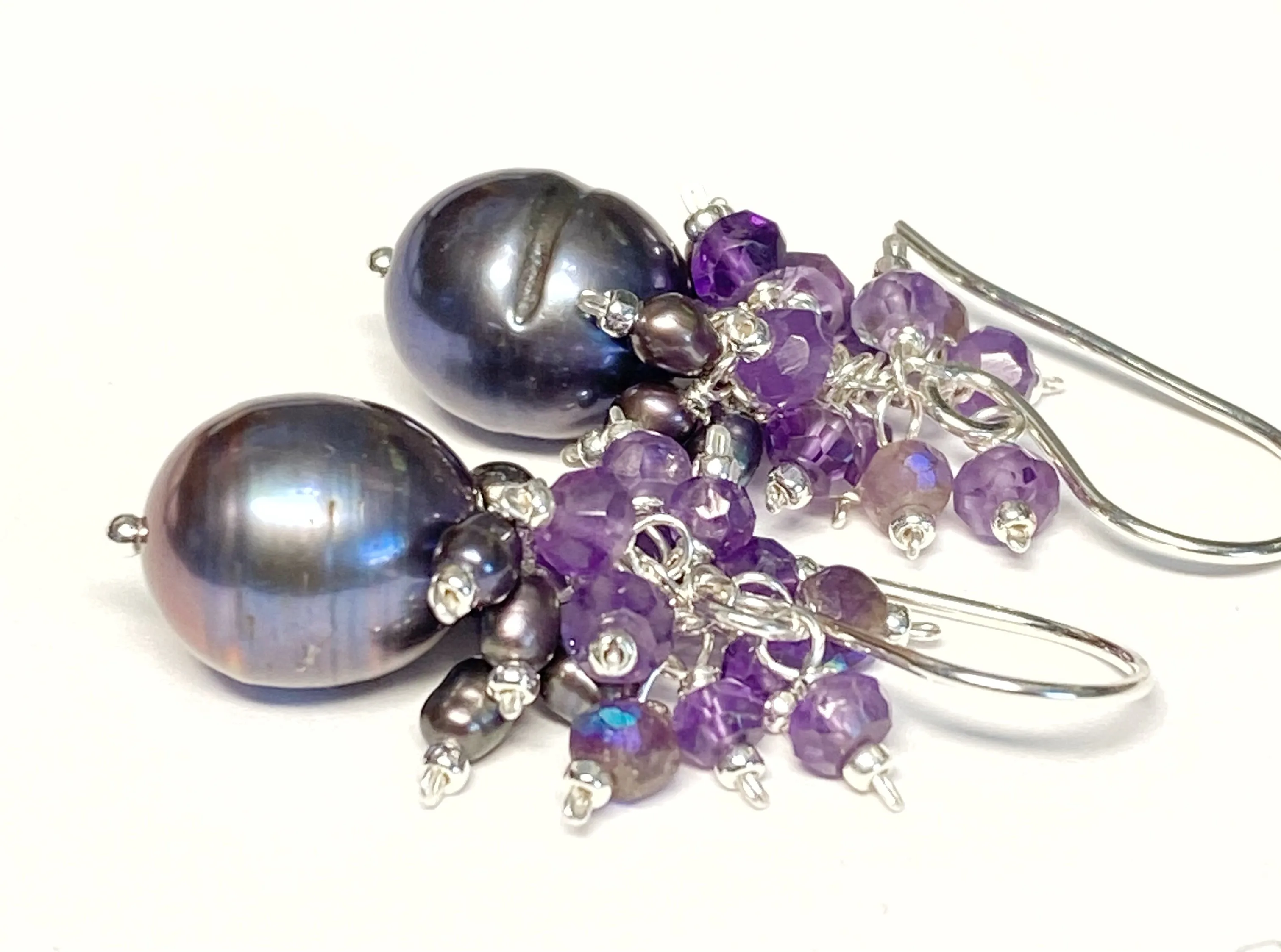 Peacock Pearl Earrings with Amethyst Gemstone Clusters in Sterling Silver