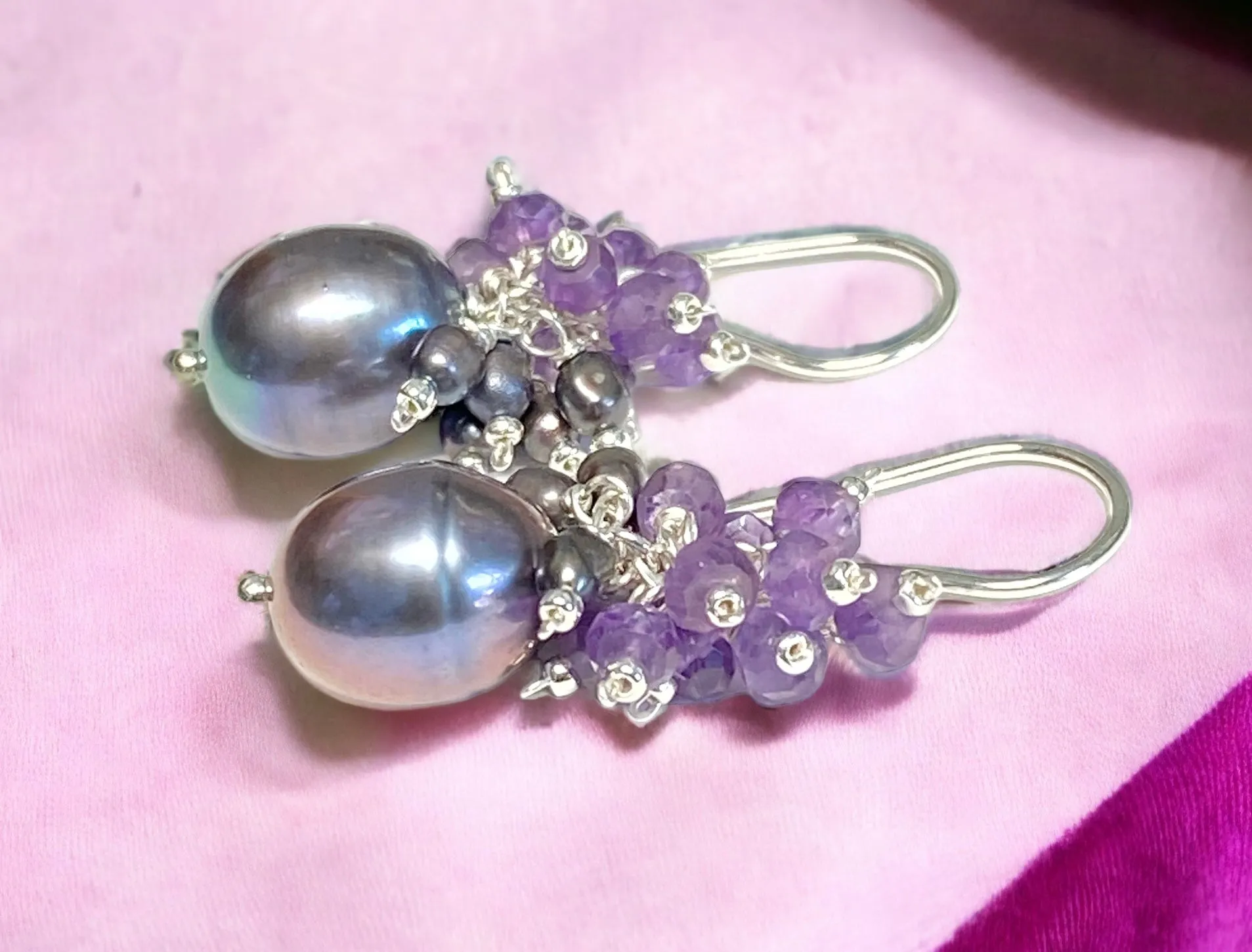Peacock Pearl Earrings with Amethyst Gemstone Clusters in Sterling Silver
