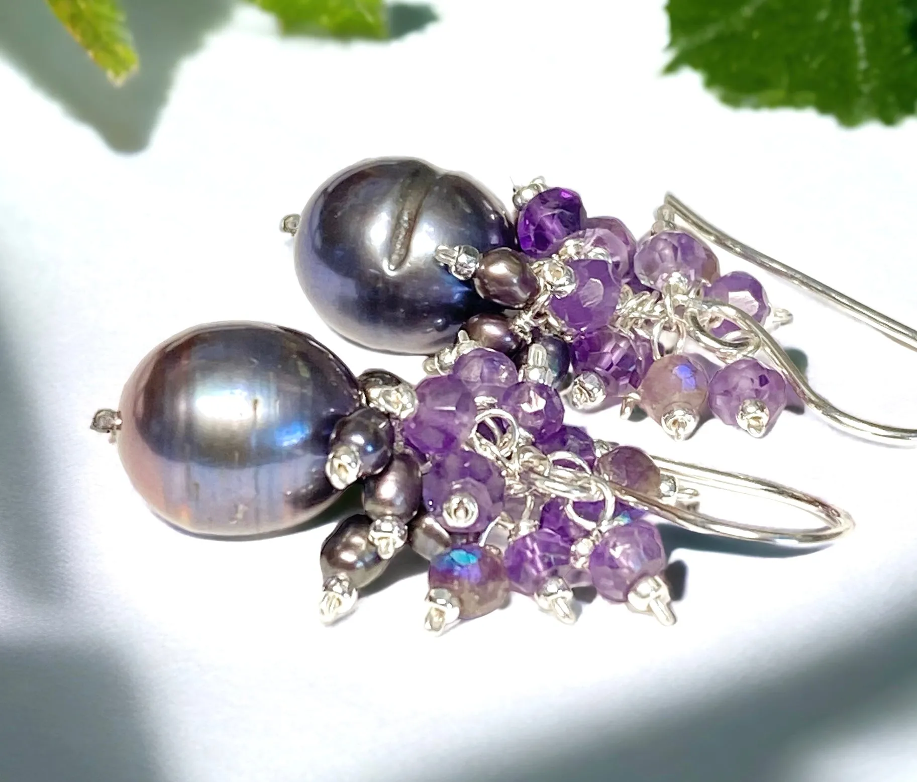 Peacock Pearl Earrings with Amethyst Gemstone Clusters in Sterling Silver