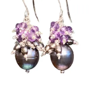 Peacock Pearl Earrings with Amethyst Gemstone Clusters in Sterling Silver