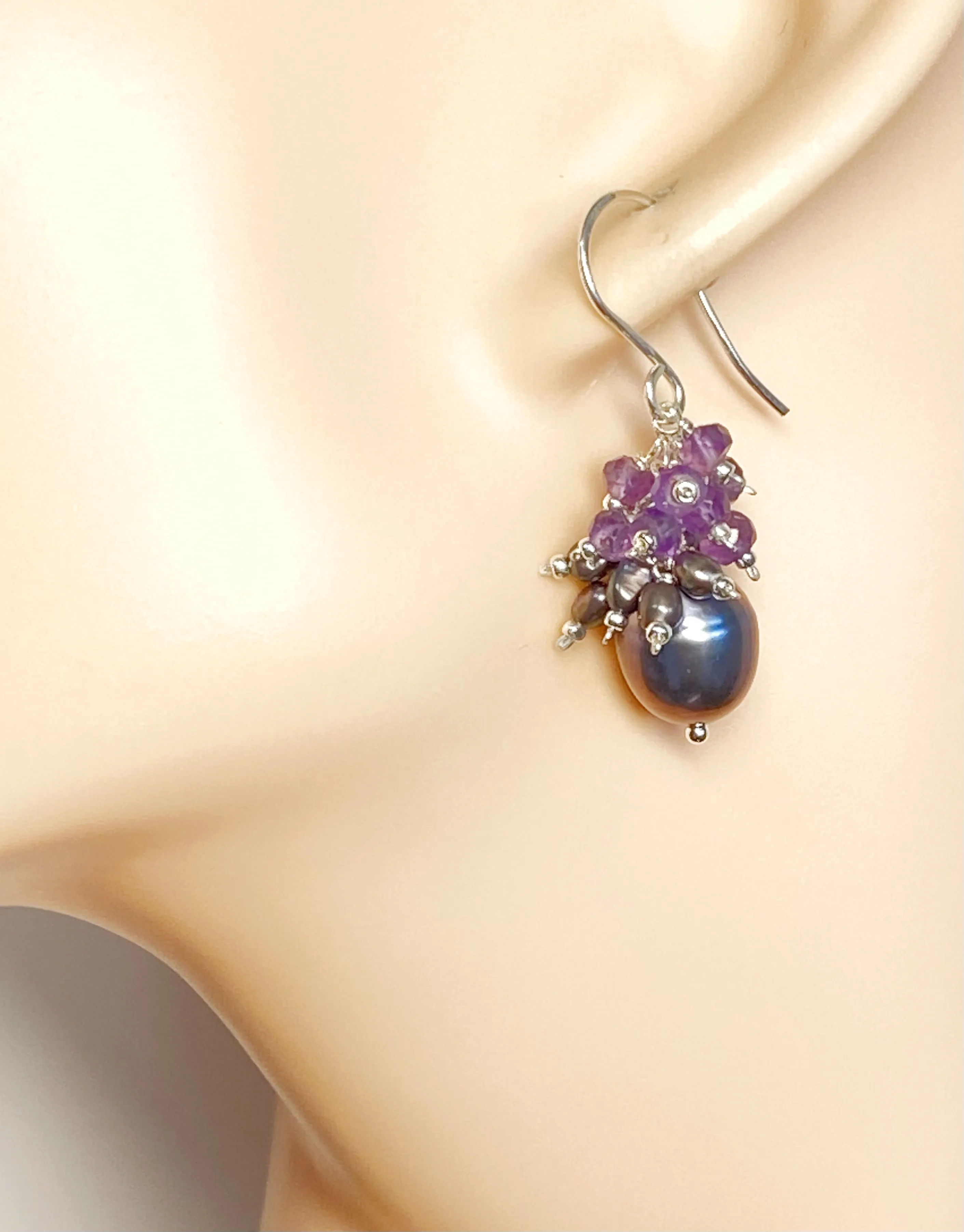 Peacock Pearl Earrings with Amethyst Gemstone Clusters in Sterling Silver