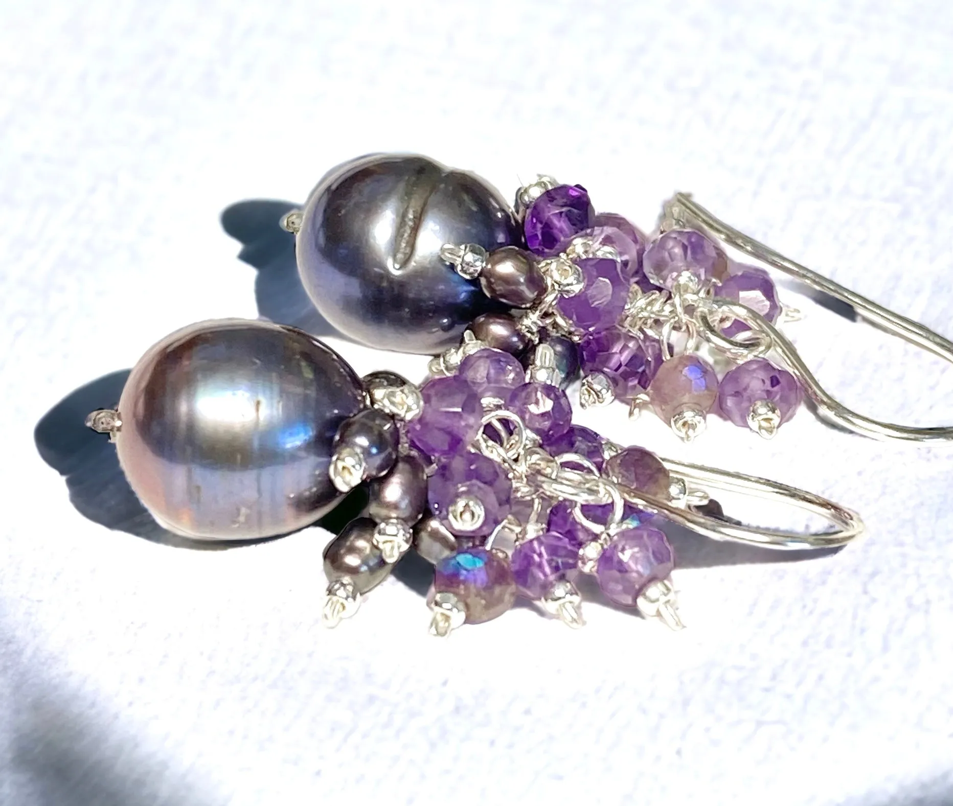 Peacock Pearl Earrings with Amethyst Gemstone Clusters in Sterling Silver