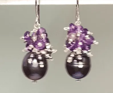 Peacock Pearl Earrings with Amethyst Gemstone Clusters in Sterling Silver