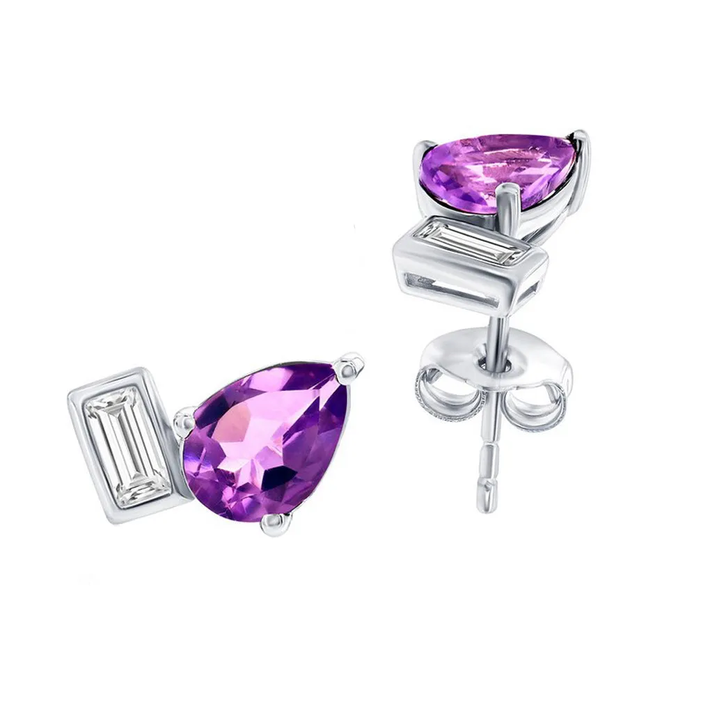 Pear-Shaped Amethyst and White Topaz Baguette Toi Et Moi Stud Earrings