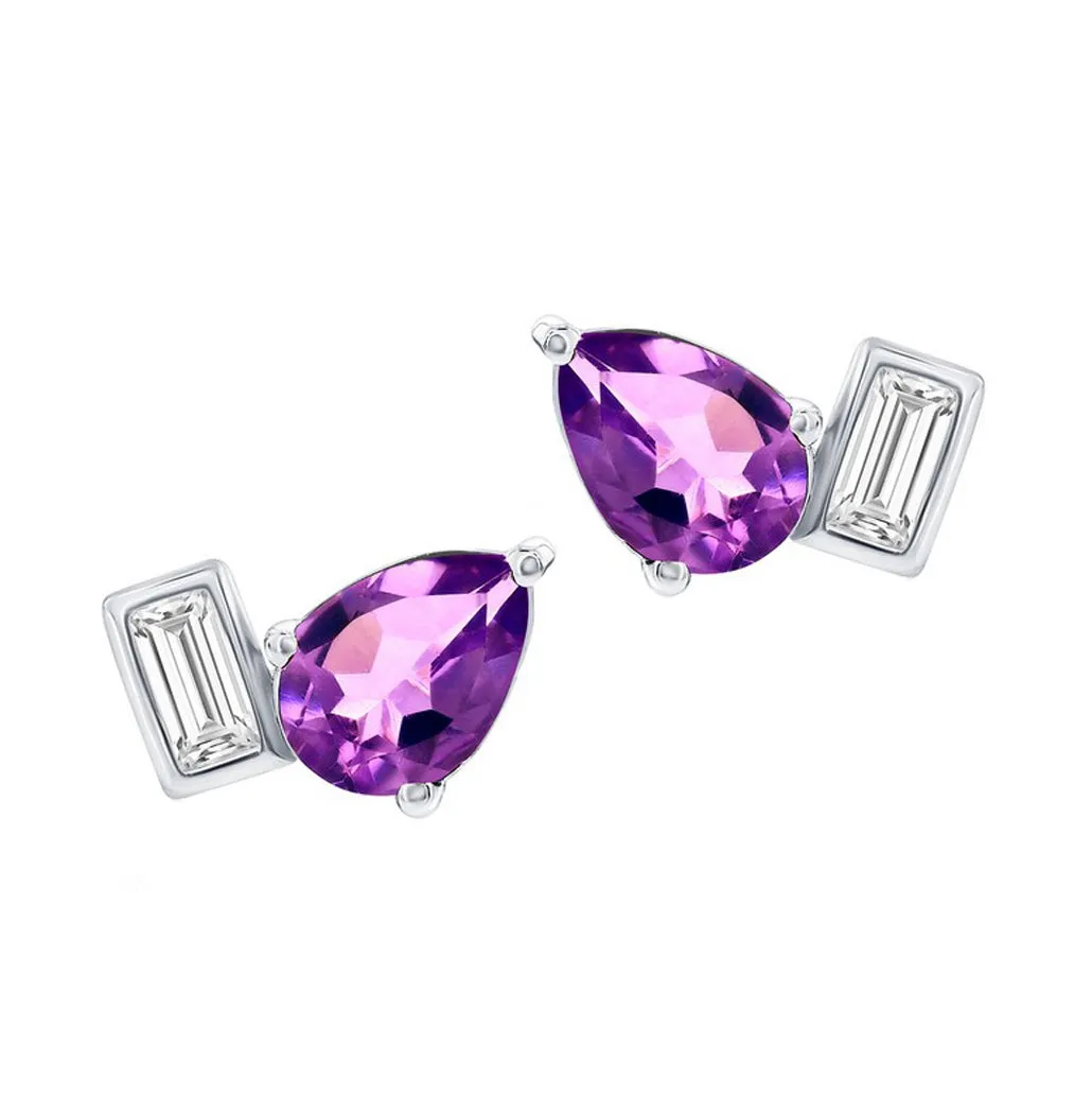 Pear-Shaped Amethyst and White Topaz Baguette Toi Et Moi Stud Earrings