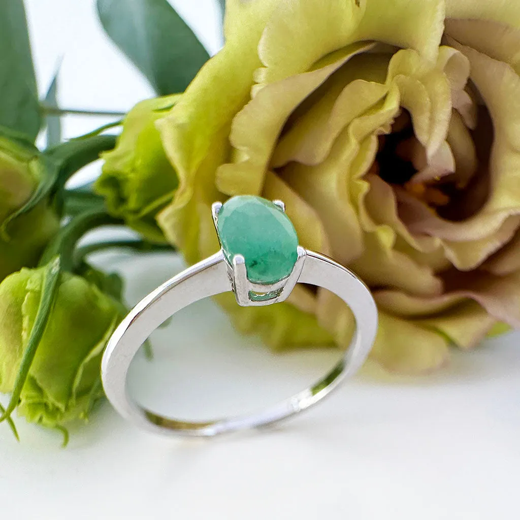 Petite Silver Oval Cut Emerald Ring