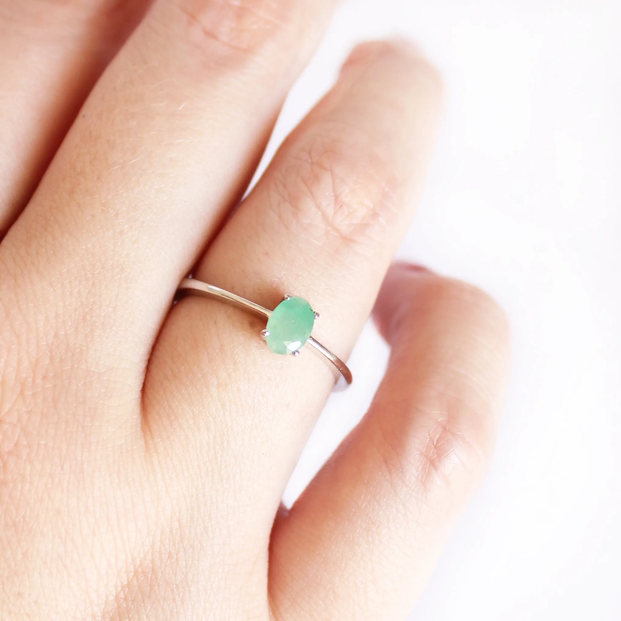 Petite Silver Oval Cut Emerald Ring