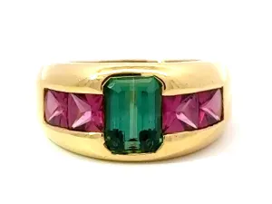 Pink and Green Tourmaline Ring 18k Yellow Gold