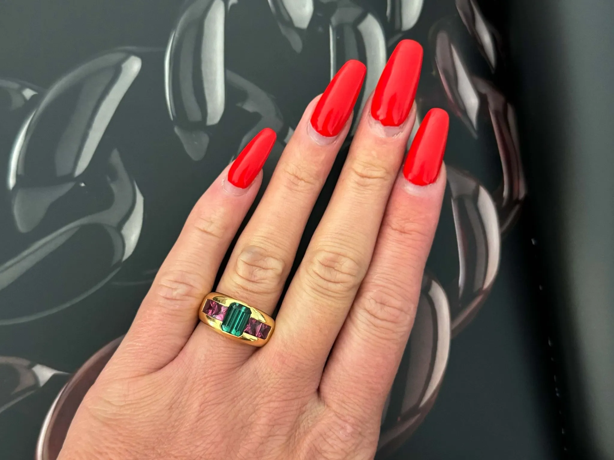 Pink and Green Tourmaline Ring 18k Yellow Gold