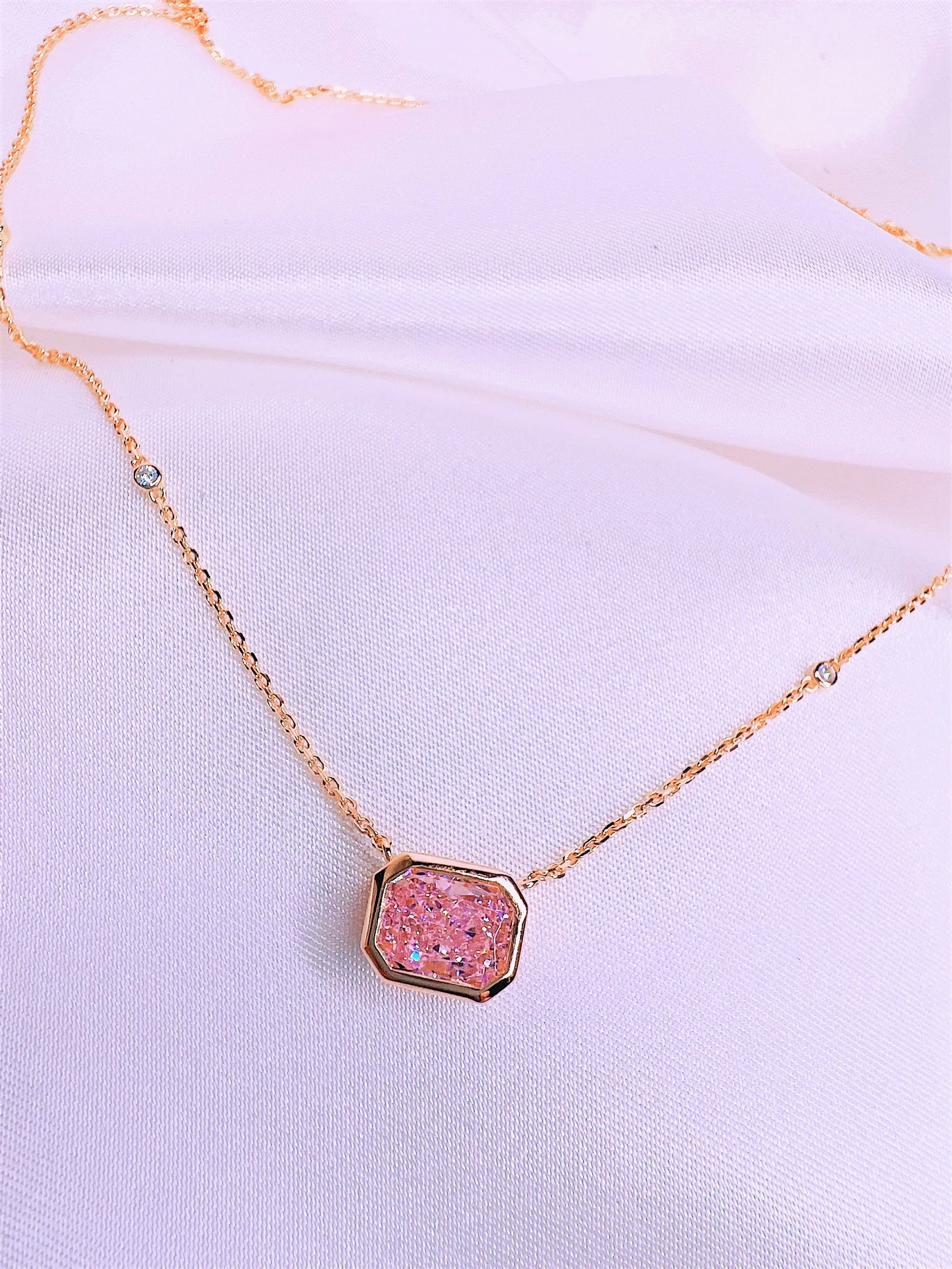 Pink Emerald Cut Diamond Necklace