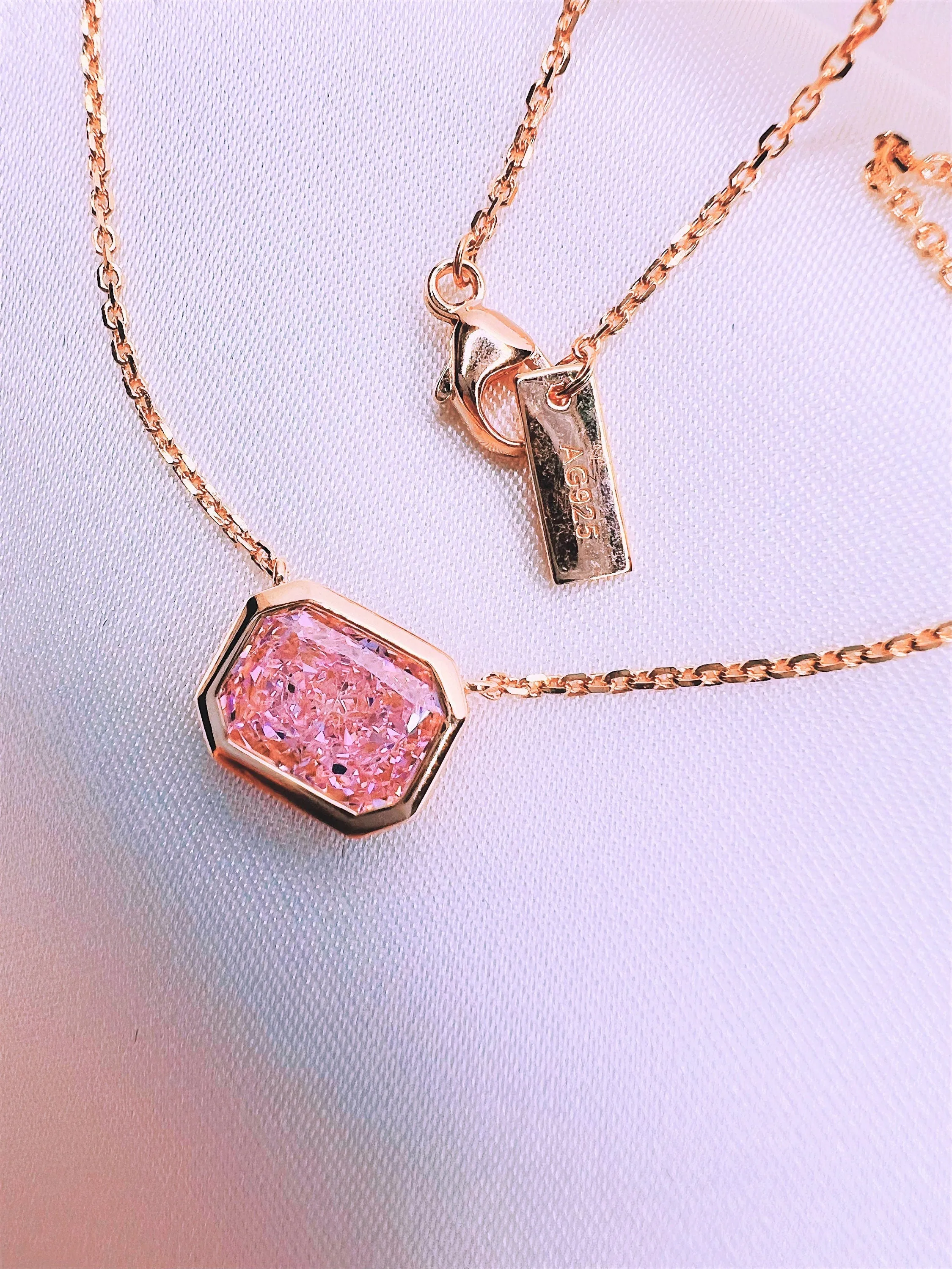 Pink Emerald Cut Diamond Necklace