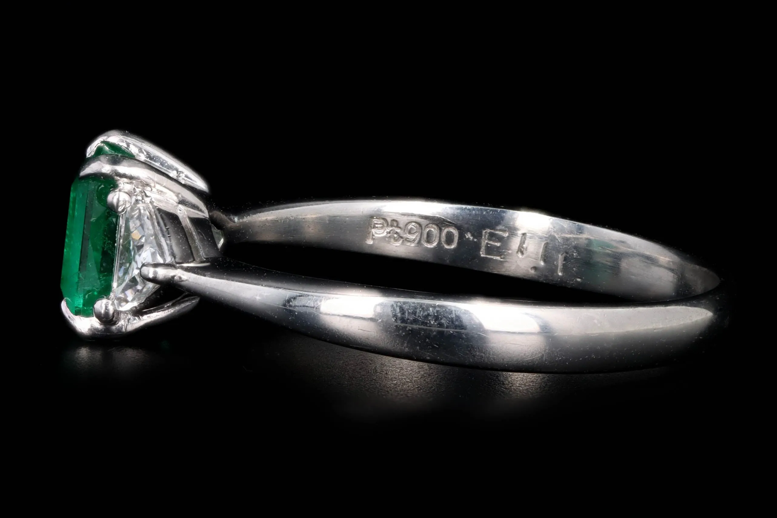 Platinum 1.11 Carat Natural Emerald & Trillion Diamond Three Stone Ring