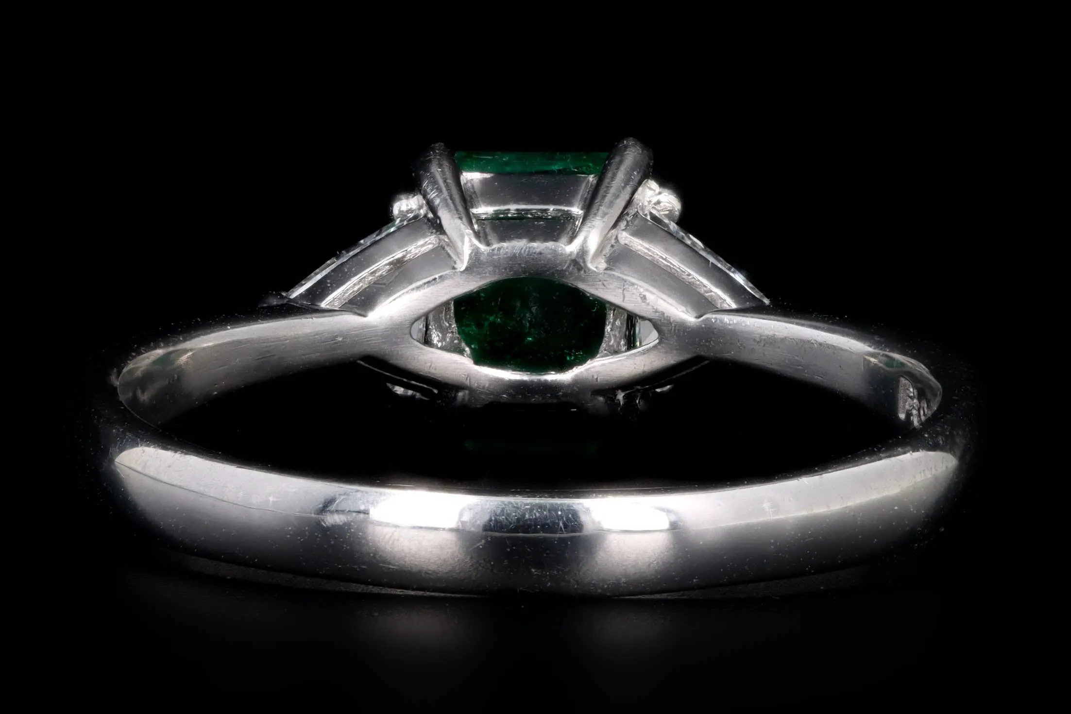 Platinum 1.11 Carat Natural Emerald & Trillion Diamond Three Stone Ring