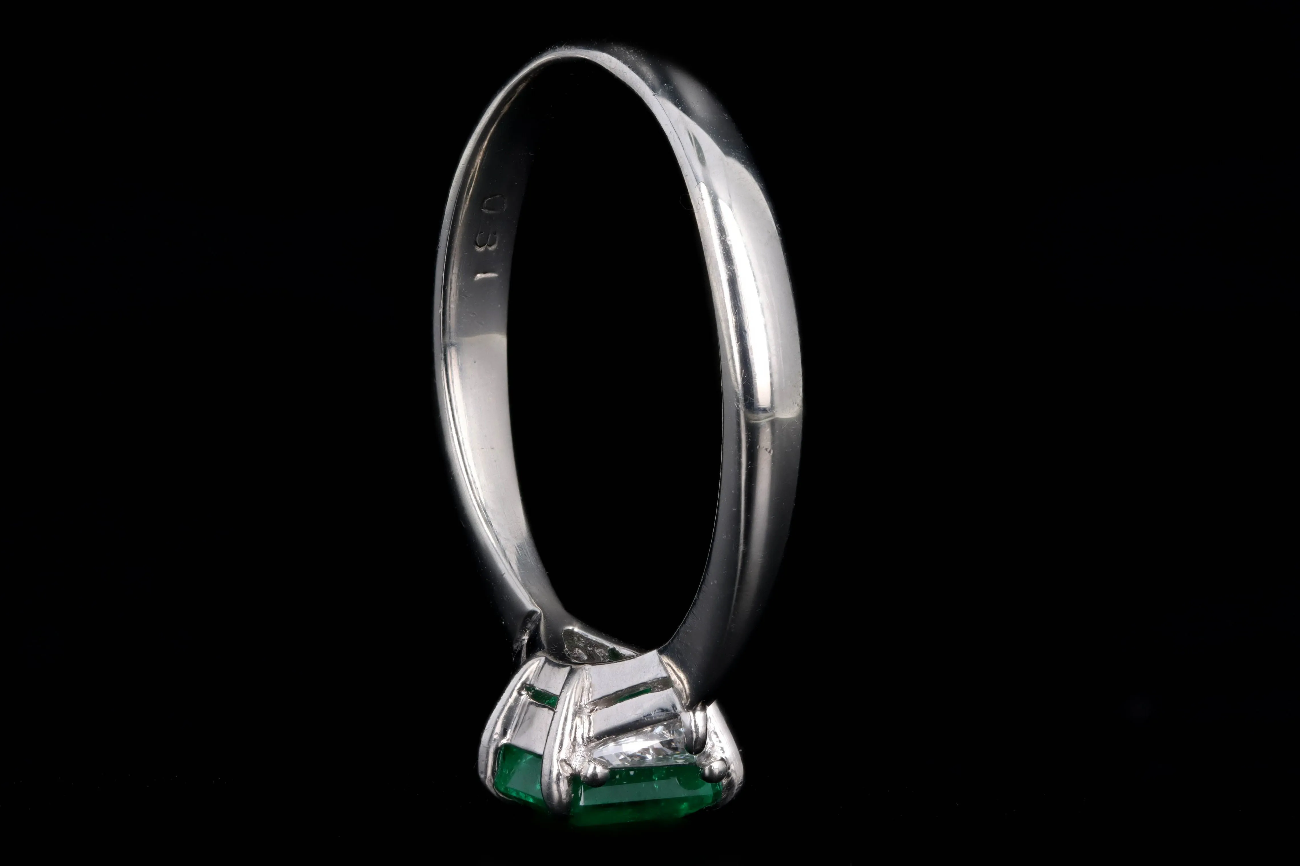 Platinum 1.11 Carat Natural Emerald & Trillion Diamond Three Stone Ring