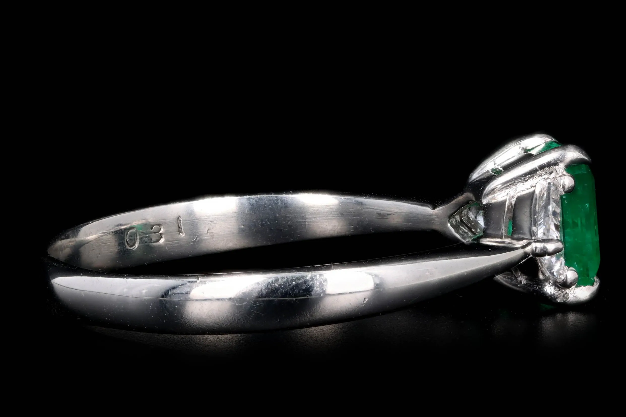Platinum 1.11 Carat Natural Emerald & Trillion Diamond Three Stone Ring