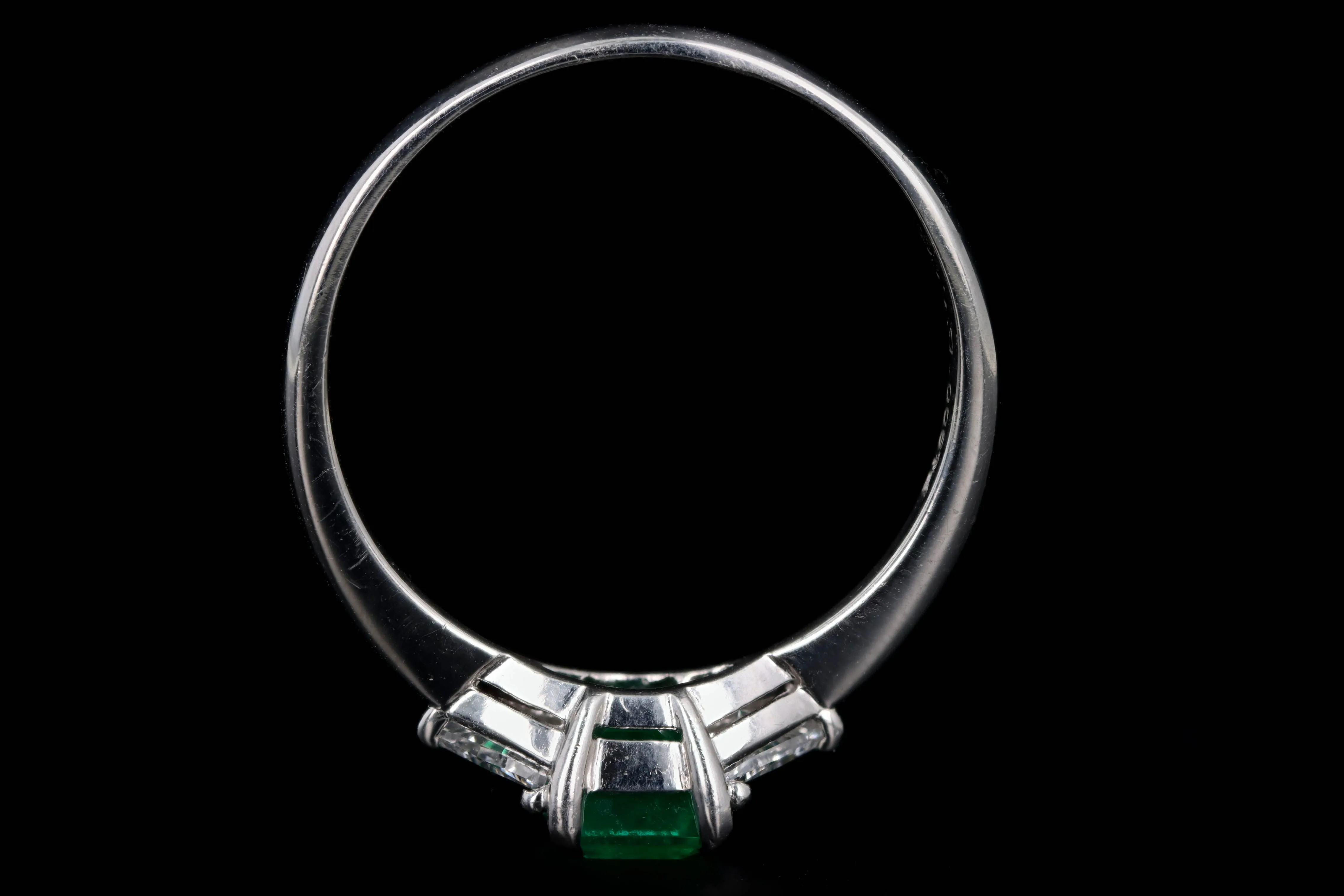 Platinum 1.11 Carat Natural Emerald & Trillion Diamond Three Stone Ring
