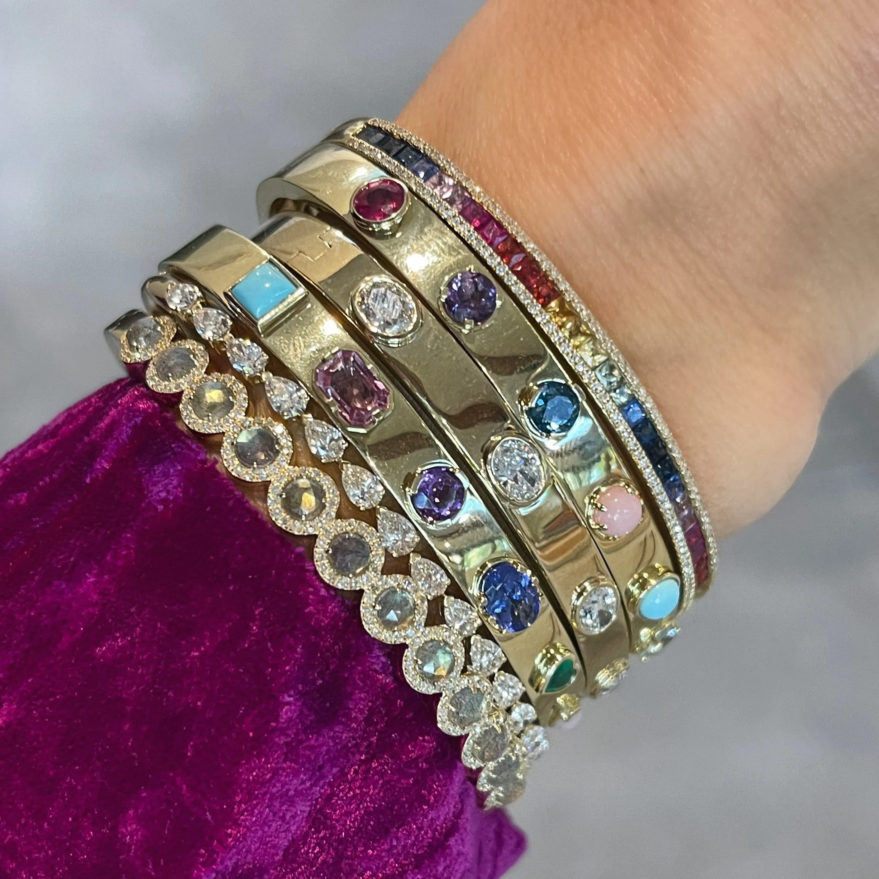 Princess Cut Gemstone & Diamond Bangle Bracelet