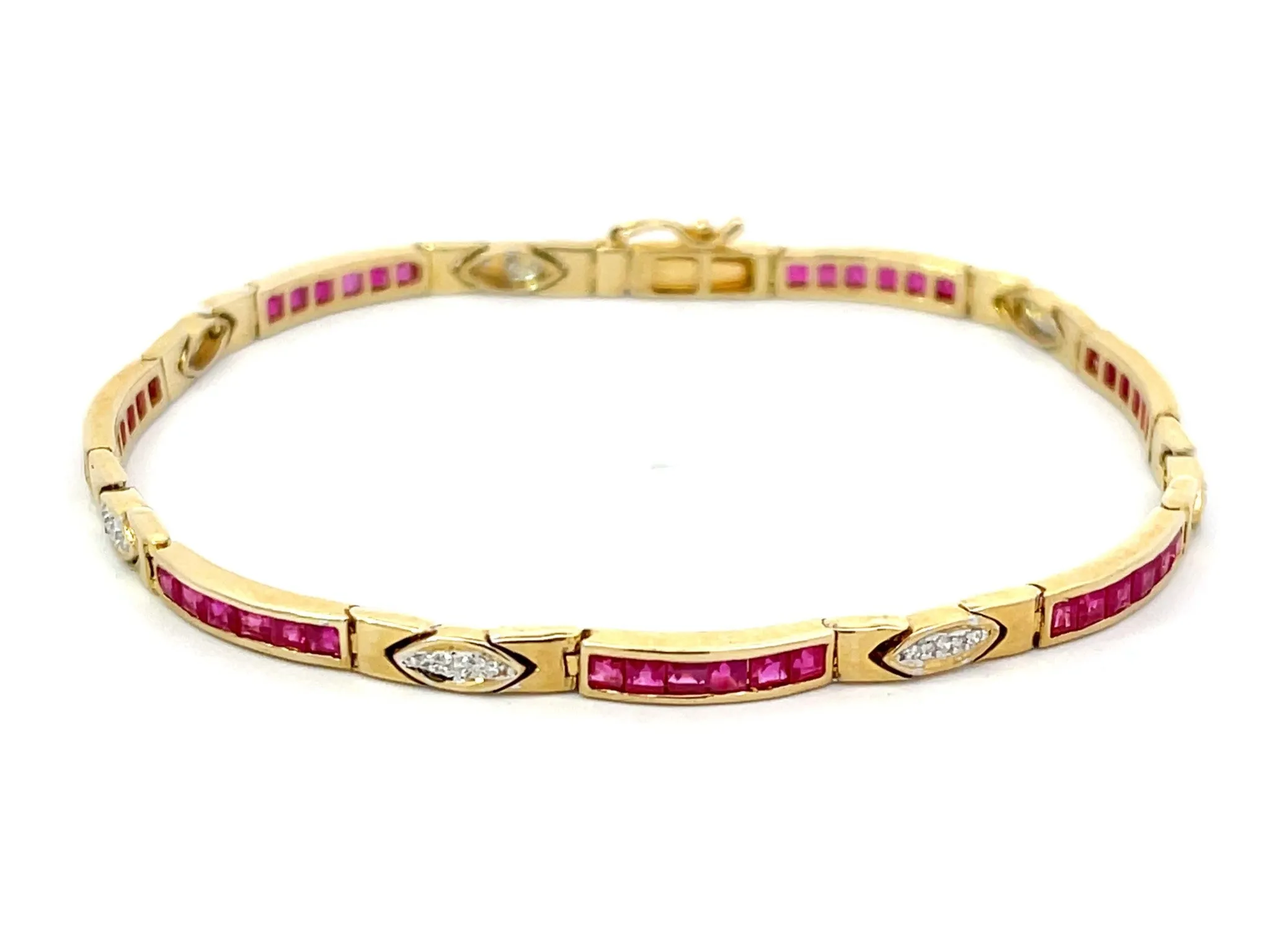 Princess Cut Red Ruby and Diamond Link Bracelet in 14k Yellow Gold