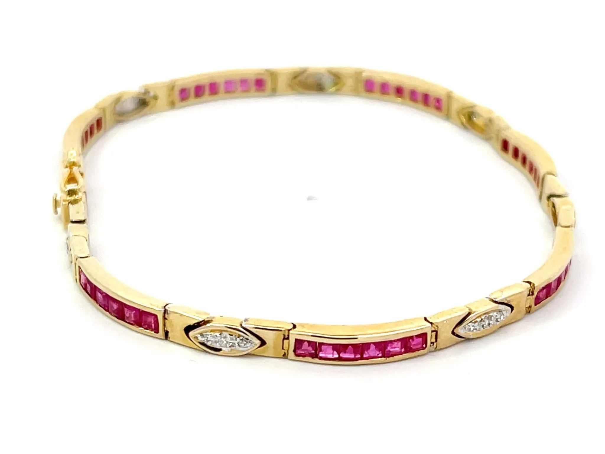 Princess Cut Red Ruby and Diamond Link Bracelet in 14k Yellow Gold