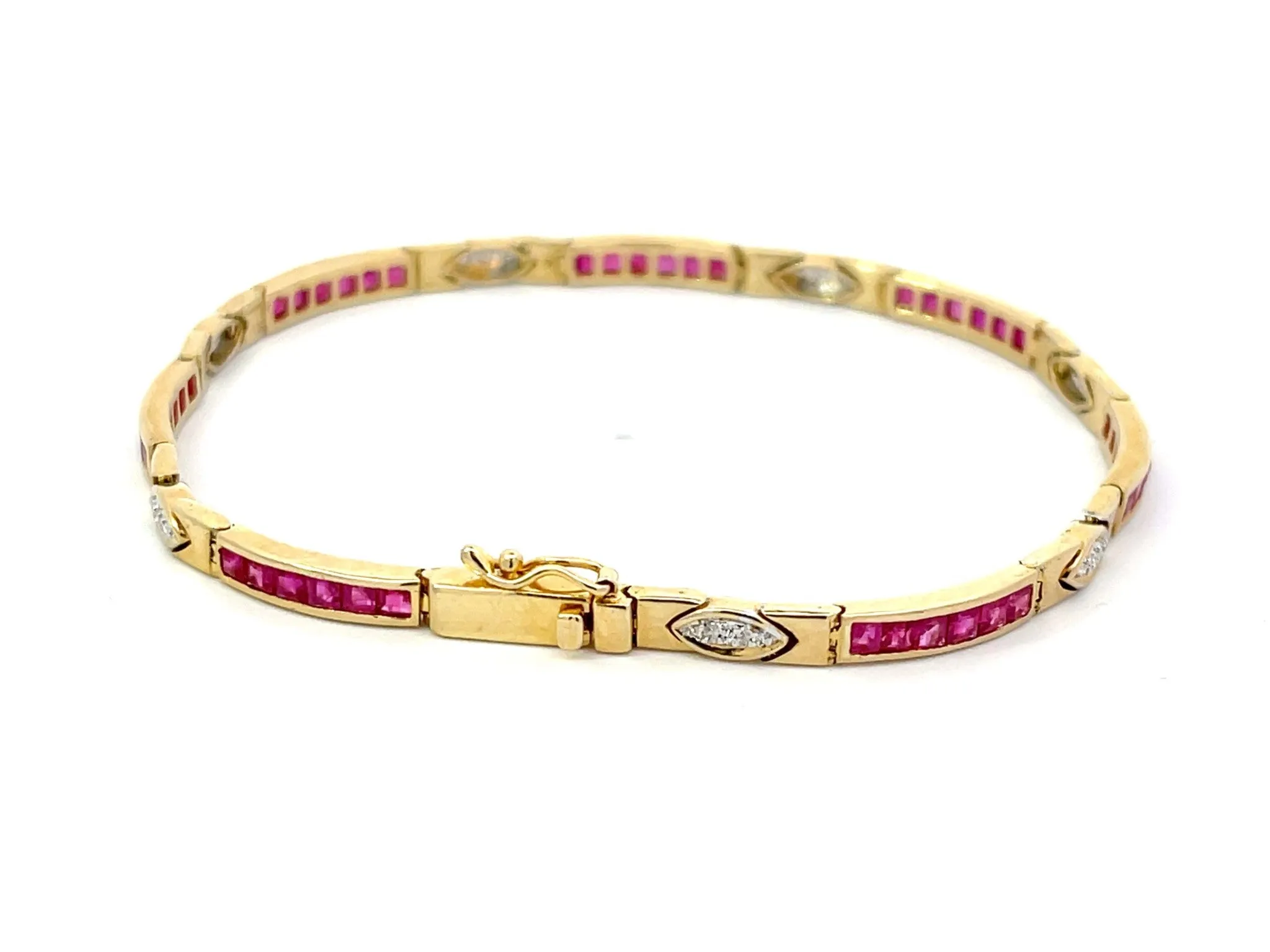 Princess Cut Red Ruby and Diamond Link Bracelet in 14k Yellow Gold