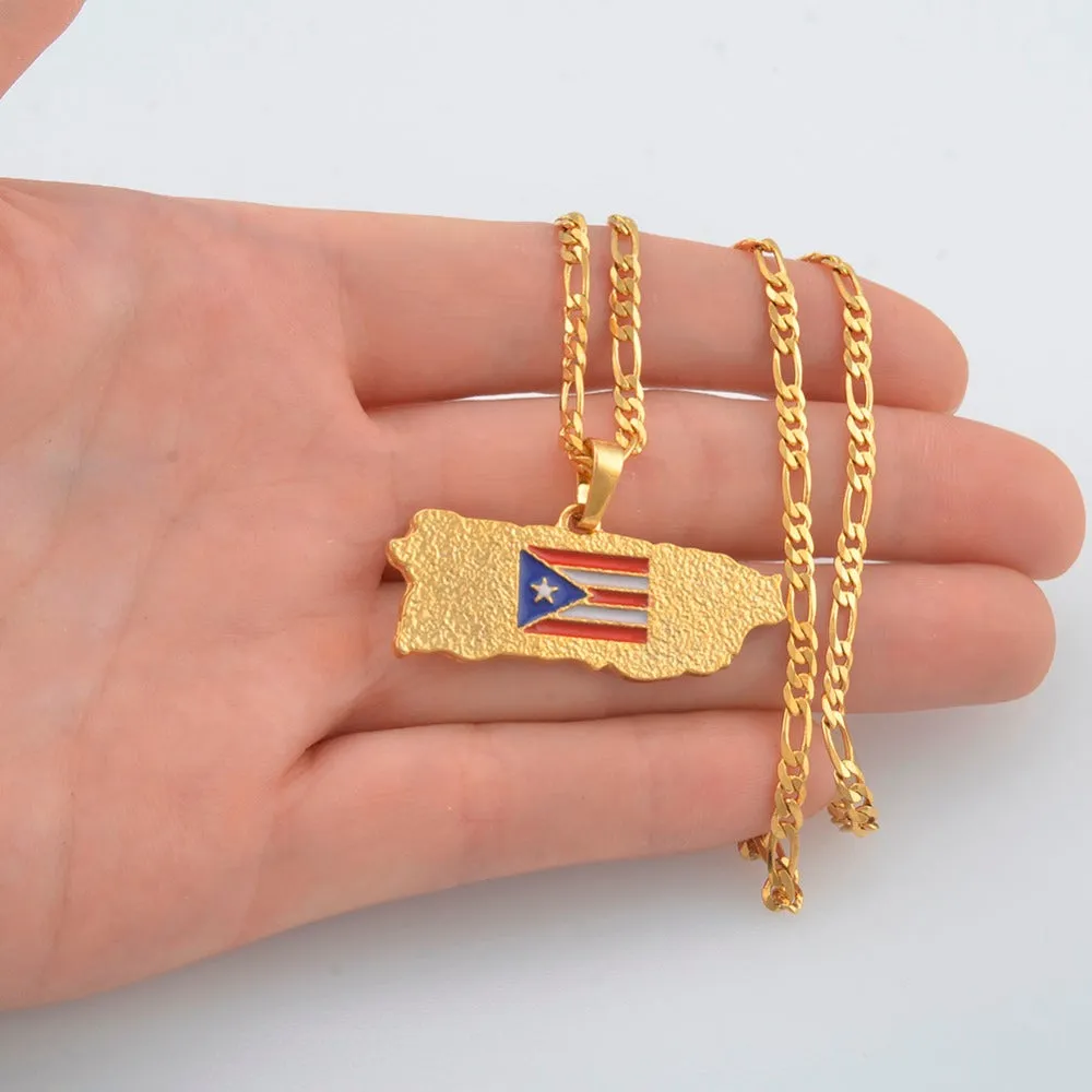 Puerto Rico Map Flag Pendant Necklaces for Women/Men Gold Color PR Puerto Ricans
