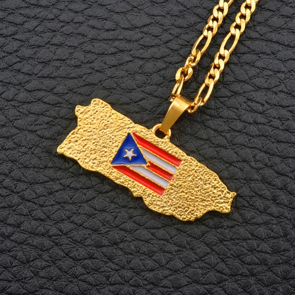 Puerto Rico Map Flag Pendant Necklaces for Women/Men Gold Color PR Puerto Ricans