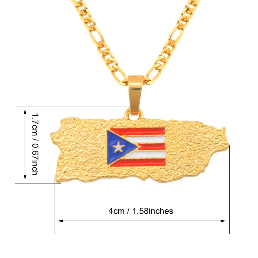 Puerto Rico Map Flag Pendant Necklaces for Women/Men Gold Color PR Puerto Ricans