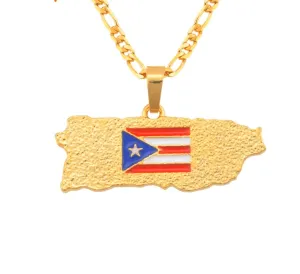 Puerto Rico Map Flag Pendant Necklaces for Women/Men Gold Color PR Puerto Ricans