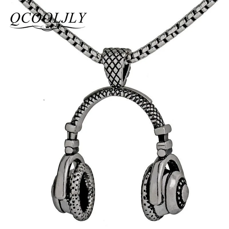 QCOOLJLY New Headset long Necklace pendant Popular Music Headphones golden &black&silver jewelry for men and women Accessories