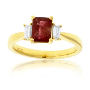 Red Beryl Emerald & Baguette Diamond Yellow Gold Ring
