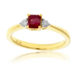Red Beryl Emerald & Round Diamond Yellow Gold Ring