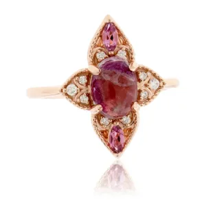 Red Emerald Cabochon, Tourmaline, & Diamond Ring