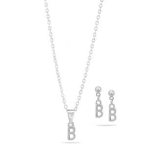 RHODIUM "B" SMALL PENDANT SHORT NECKLACE AND EARRINGS SET #SWKK-11768BRHOD (TD4)