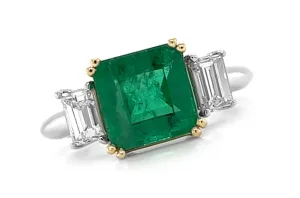 Ring 18kt Gold GIA Octagonal Emerald & 2 Emerald Cut Diamonds