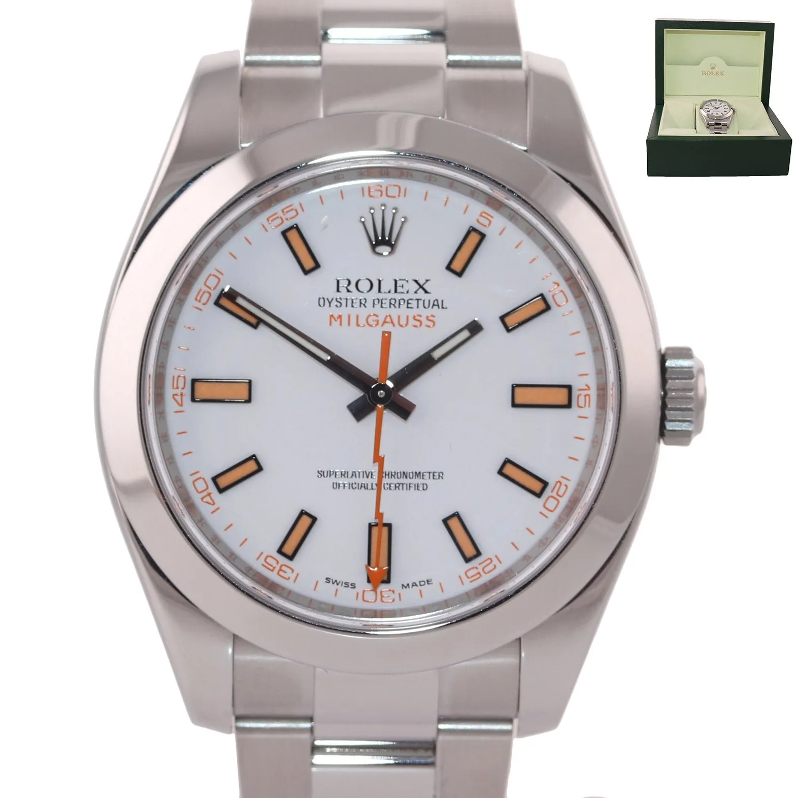 Rolex Milgauss 116400 White Orange 40mm Steel Anti-Magnetic Watch Box