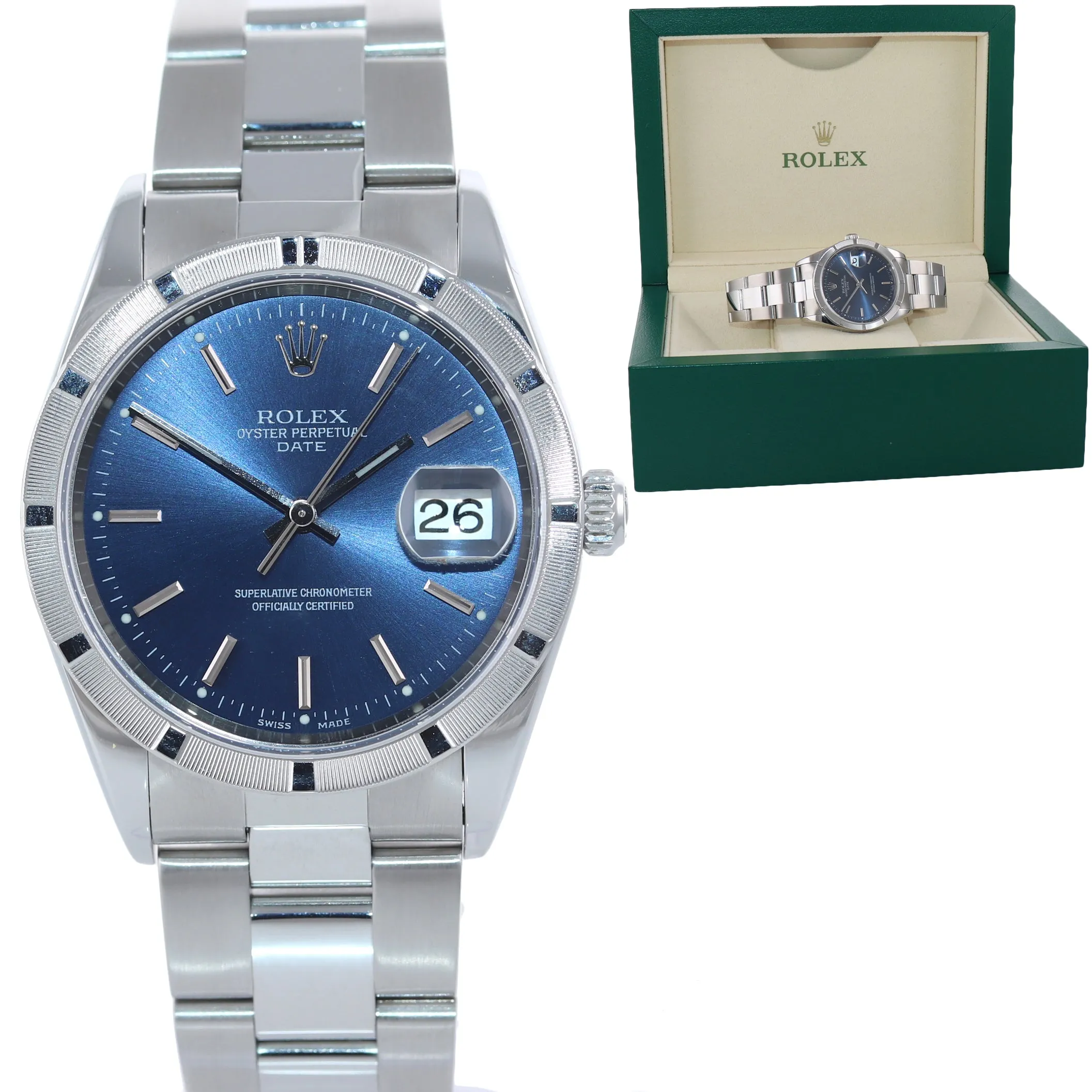 Rolex Oyster Date 15210 Steel 34mm Midsize Blue Stick Dial Oyster Watch Box