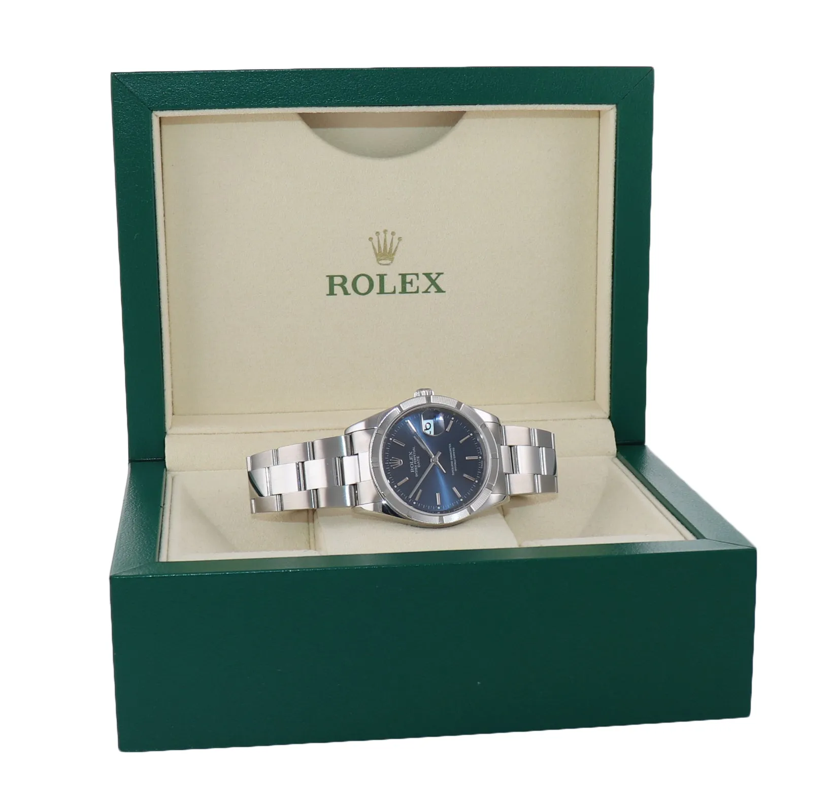 Rolex Oyster Date 15210 Steel 34mm Midsize Blue Stick Dial Oyster Watch Box