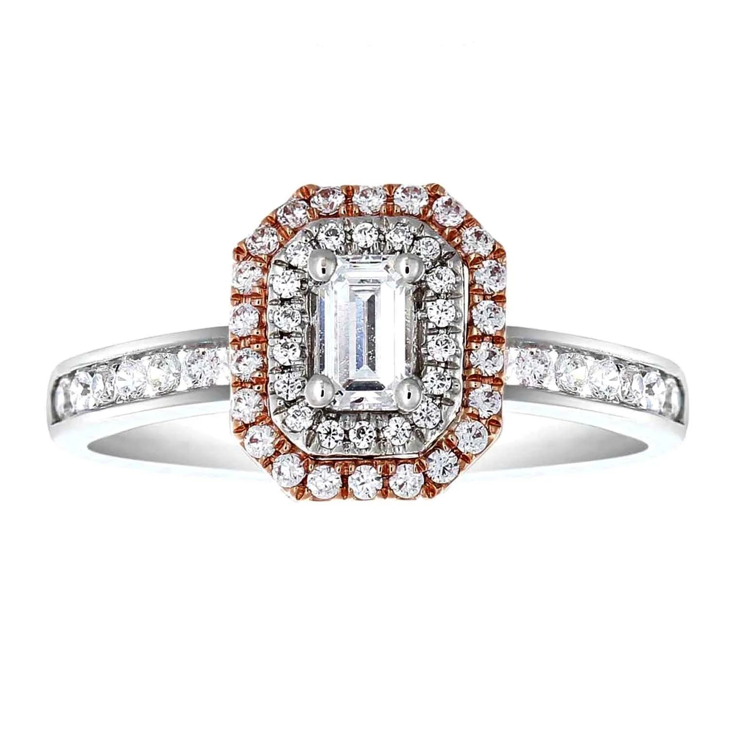 Rose Double Halo Diamond Engagement Ring made in 14k white and Rose gold-Emerald