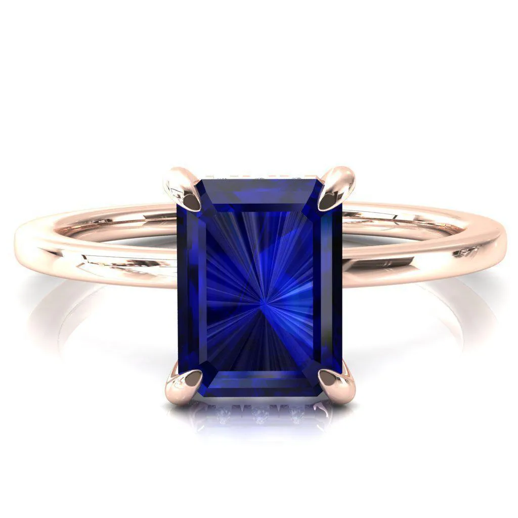 Rosy Emerald Blue Sapphire 4 Claw Prong Single Rail Micropave Engagement Ring