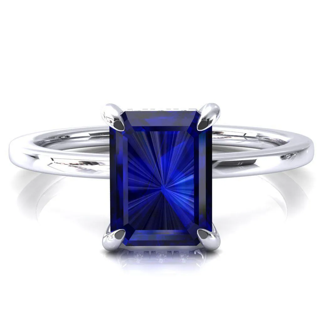 Rosy Emerald Blue Sapphire 4 Claw Prong Single Rail Micropave Engagement Ring