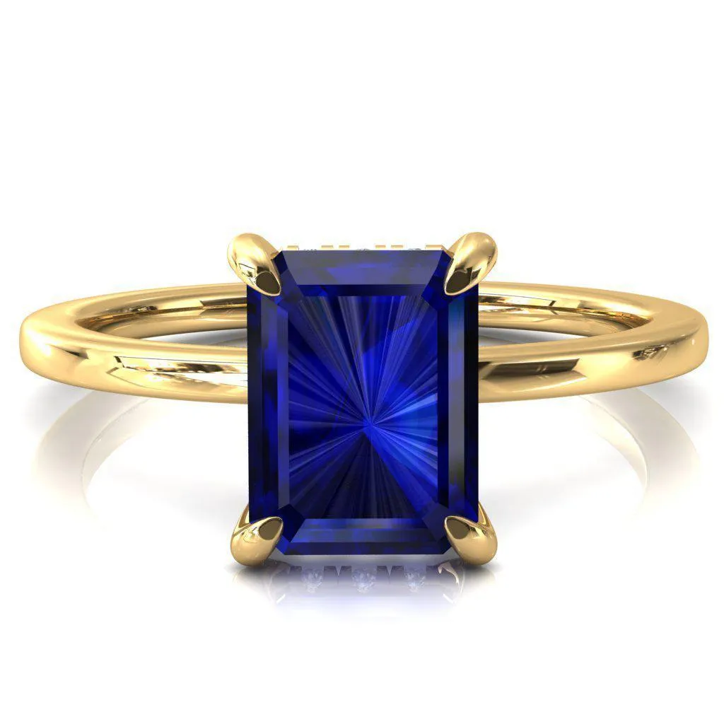 Rosy Emerald Blue Sapphire 4 Claw Prong Single Rail Micropave Engagement Ring