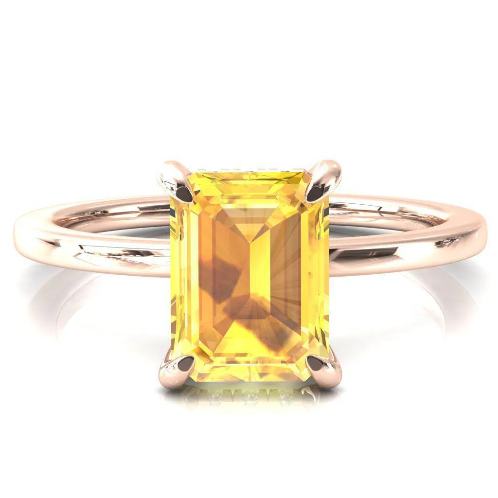 Rosy Emerald Yellow Sapphire 4 Claw Prong Single Rail Micropave Engagement Ring