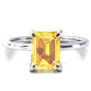 Rosy Emerald Yellow Sapphire 4 Claw Prong Single Rail Micropave Engagement Ring