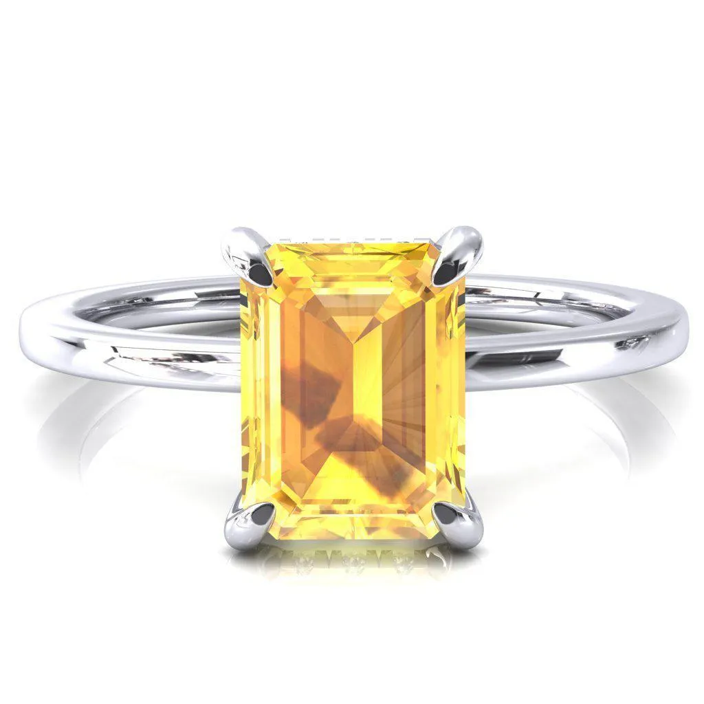 Rosy Emerald Yellow Sapphire 4 Claw Prong Single Rail Micropave Engagement Ring